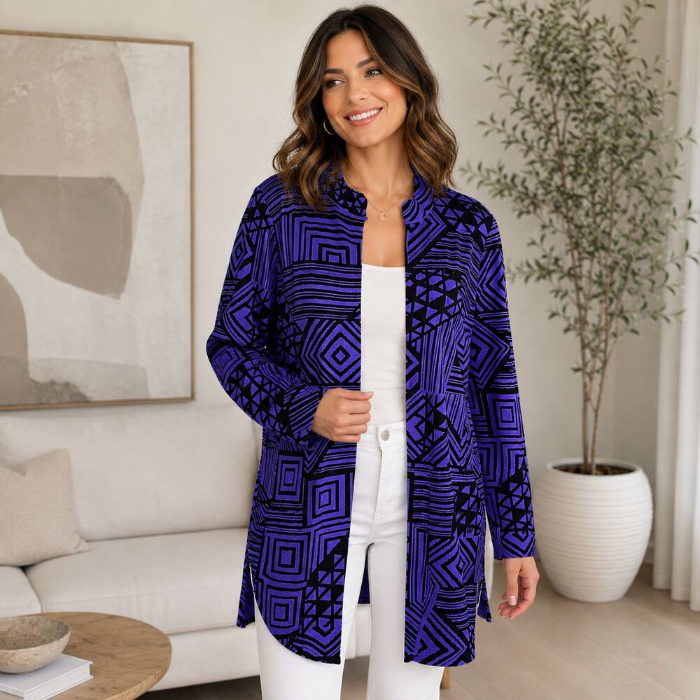 Ming Wang 1X Purple Black Geometric Knit Jacket Cardigan Textured Open Front